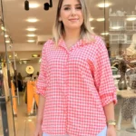 İtalyan Kareli Pamuk Gömlek - Nar çiçeği
