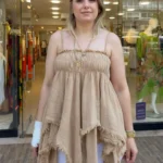 İtalyan Keten Saçak Desenli İp Askılı Bluz - Camel