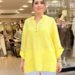 İtalyan Üç Düğmeli Yakası Pullu Keten Gömlek - Sarı