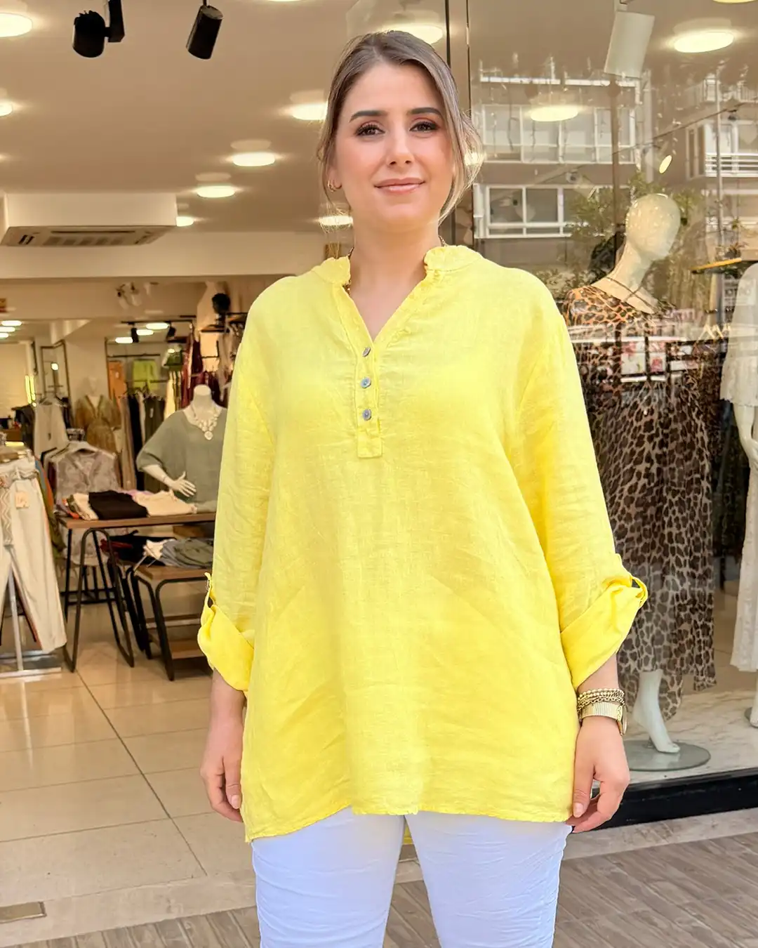 İtalyan Üç Düğmeli Yakası Pullu Keten Gömlek