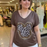 İtalyan Mickey Leopar Taş İşlemeli V Yaka Lyocell Bluz - Kahve