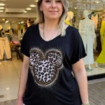 İtalyan Mickey Leopar Taş İşlemeli V Yaka Lyocell Bluz - Siyah