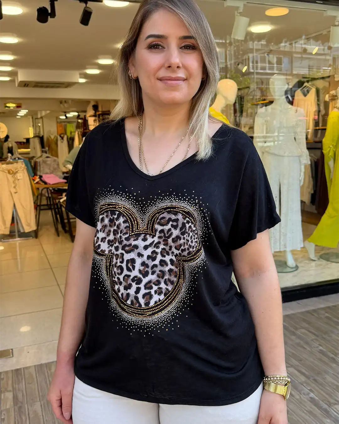 İtalyan Mickey Leopar Taş İşlemeli V Yaka Lyocell Bluz