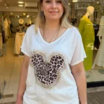 İtalyan Mickey Leopar Taş İşlemeli V Yaka Lyocell Bluz - Beyaz