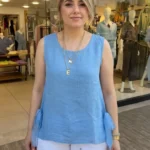İtalyan Yanları İpek Bağlamalı Kolsuz Keten Bluz - Mavi