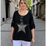 İtalyan Yıldız Pullu Keten Pamuk Bluz - Siyah