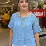 İtalyan Dantel Detaylı Örgü Bluz - Buz Mavi