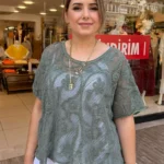 İtalyan Dantel Detaylı Örgü Bluz - Haki