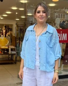 İtalyan Fisto Detaylı Düğmeli Keten Ceket