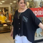 İtalyan Cep Pullu Salaş Keten Gömlek - Siyah
