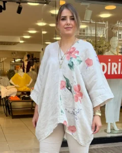 İtalyan Linen Keten V Yaka Çiçek Desenli Bluz