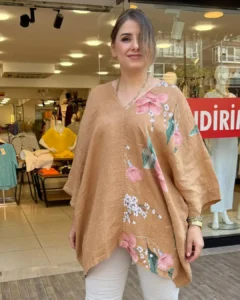 İtalyan Linen Keten V Yaka Çiçek Desenli Bluz