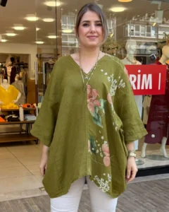 İtalyan Linen Keten V Yaka Çiçek Desenli Bluz