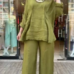 İtalyan Linen Keten Salaş Pantolon Tunik Takım - Yağ Yeşil