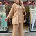 İtalyan Linen Keten Salaş Pantolon Tunik Takım - Camel