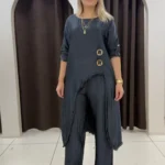 İtalyan Asimetrik Saten Tunik Pantolon Takım | Standart Beden 38-44 - Antrasit
