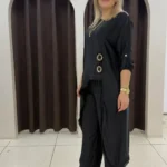 İtalyan Asimetrik Saten Tunik Pantolon Takım | Standart Beden 38-44 - Siyah