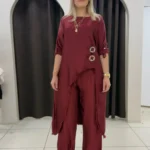 İtalyan Asimetrik Saten Tunik Pantolon Takım | Standart Beden 38-44 - Bordo