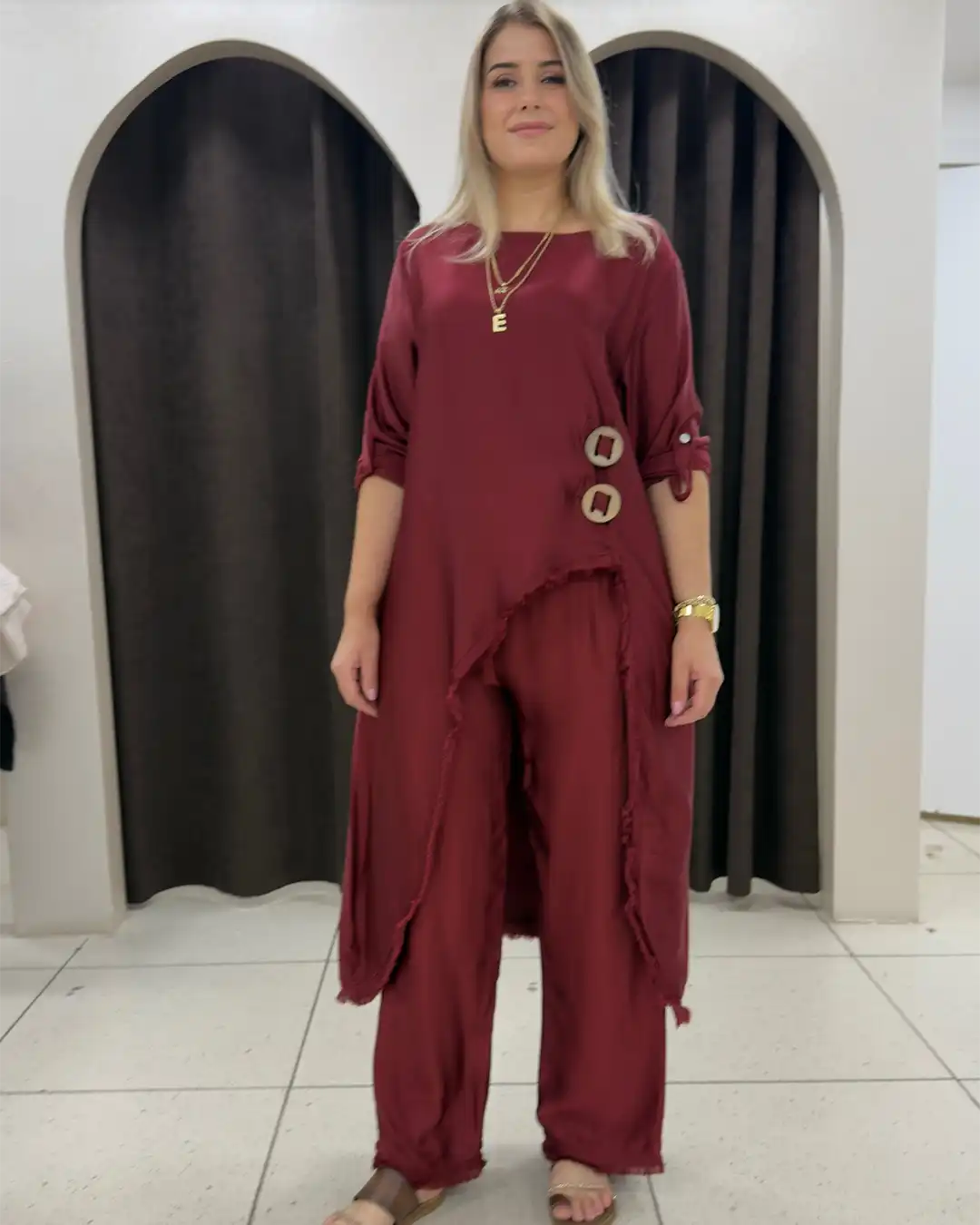 İtalyan Asimetrik Saten Tunik Pantolon Takım | Standart Beden 38-44