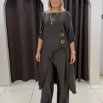 İtalyan Asimetrik Saten Tunik Pantolon Takım | Standart Beden 38-44 - Kahve