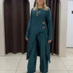 İtalyan Asimetrik Saten Tunik Pantolon Takım | Standart Beden 38-44 - Petrol