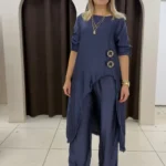 İtalyan Asimetrik Saten Tunik Pantolon Takım | Standart Beden 38-44 - Lacivert