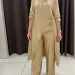 İtalyan Asimetrik Saten Tunik Pantolon Takım | Standart Beden 38-44 - Gold