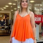 İtalyan Viskon Askılı Bluz - Turuncu