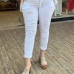 İtalyan Üretim Full Likralı Payet Detaylı Pantolon - Beyaz