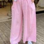 İtalyan Yıldız Detaylı Bol Paça Keten Pantolon - Açık Pembe