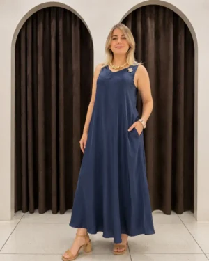 See7 İtaly Broş Detaylı Cepli Saten Elbise