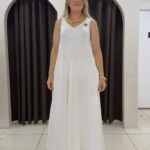 See7 İtaly Broş Detaylı Cepli Saten Elbise - Beyaz
