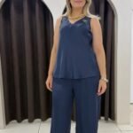 See7 İtaly Broş Detaylı Saten Takım - Lacivert