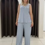 See7 İtaly Broş Detaylı Saten Takım - Buz Mavi