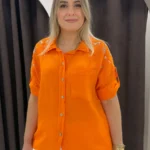 İtalyan Omuz Pul Nakış Detaylı Keten Gömlek - Turuncu