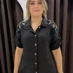 İtalyan Omuz Pul Nakış Detaylı Keten Gömlek - Siyah