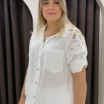İtalyan Omuz Pul Nakış Detaylı Keten Gömlek - Beyaz