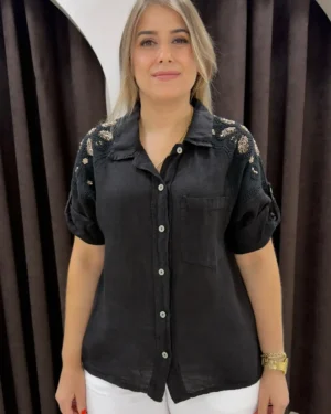 İtalyan Omuz Pul Nakış Detaylı Keten Gömlek