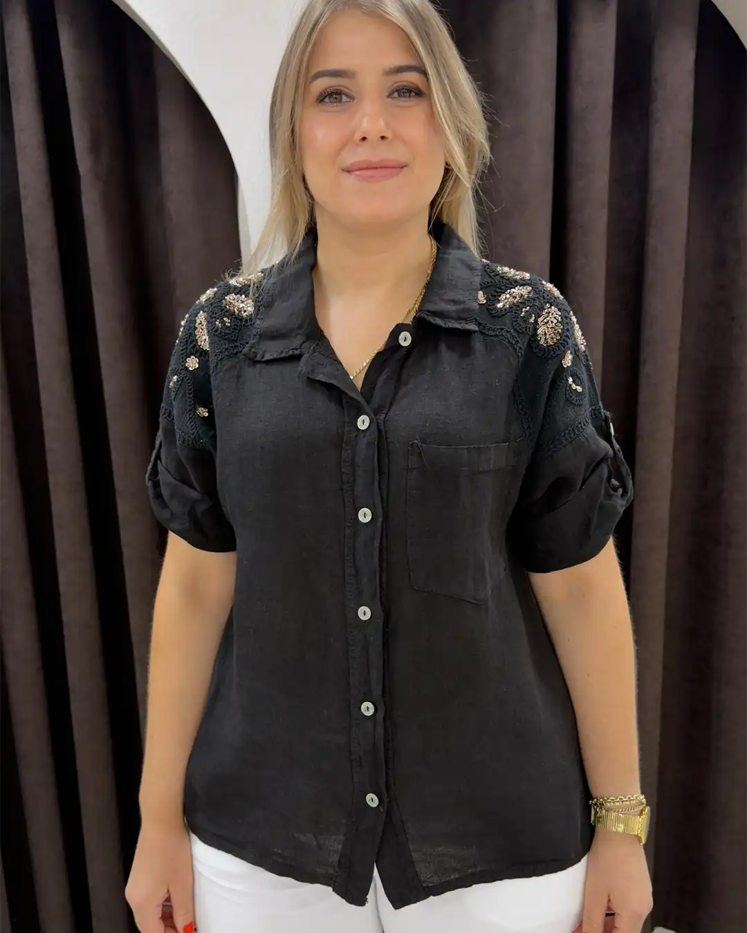 İtalyan Omuz Pul Nakış Detaylı Keten Gömlek İtalyan Omuz Pul Nakış Detaylı Keten Gömlek - Yeni Gelenler