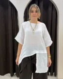 İtalyan Asimetrik Katmanlı Keten Tunik Bluz