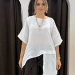 İtalyan Asimetrik Katmanlı Keten Tunik Bluz - Beyaz