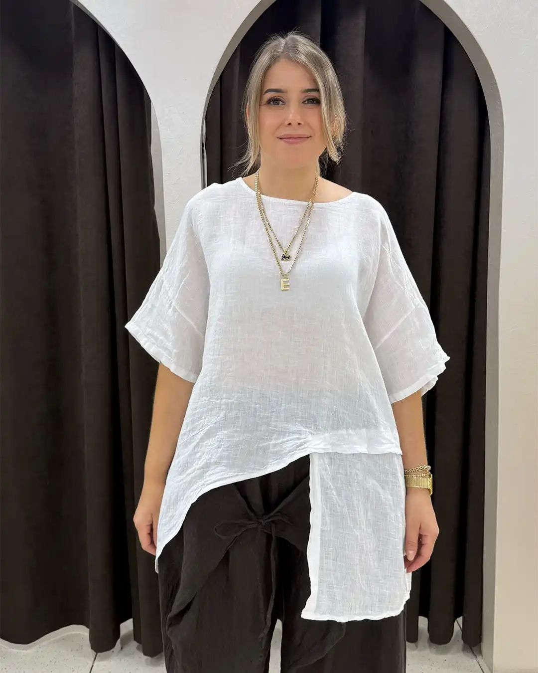 İtalyan Asimetrik Katmanlı Keten Tunik Bluz