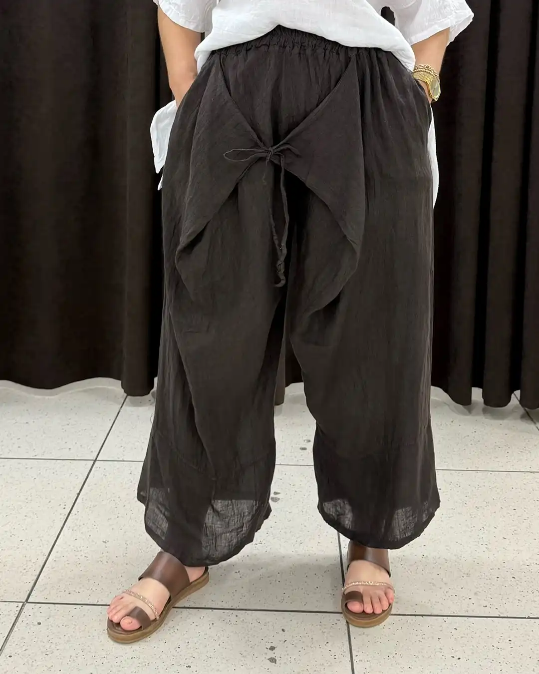 İtalyan Beli Lastikli Drape Bagcikli Keten Pantolon