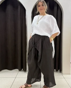 İtalyan Beli Lastikli Drape Bagcikli Keten Pantolon