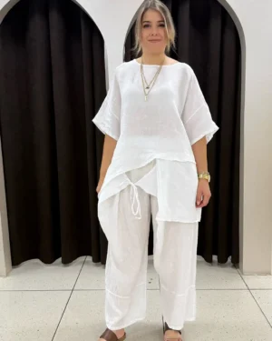 İtalyan Asimetrik Katmanlı Keten Tunik Bluz