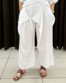 İtalyan Beli Lastikli Drape Bagcikli Keten Pantolon