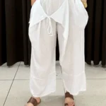 İtalyan Beli Lastikli Drape Bagcikli Keten Pantolon - Beyaz