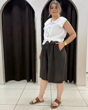 İtalyan Beli Lastikli Kemerli Keten Bermuda Şort