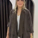 İtalyan Cep Örgülü Keten Dantel Ceket - Kahve