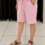 İtalyan Beli Lastikli Cepli Keten Şort - Açık Pembe
